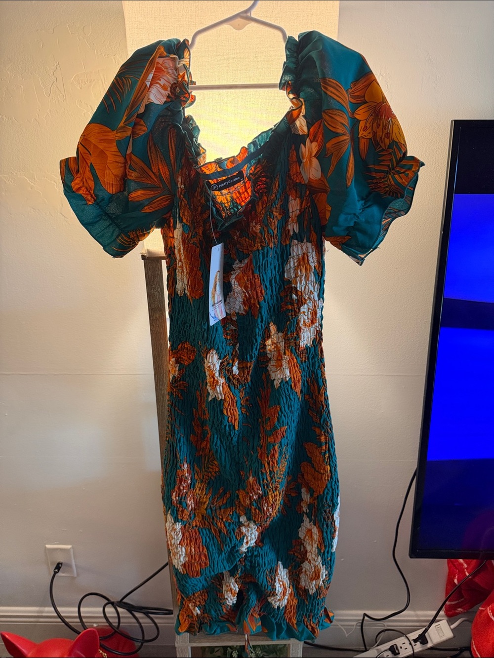 Teal Floral Puff-Sleeve Midi Dress with Smocked Bodice